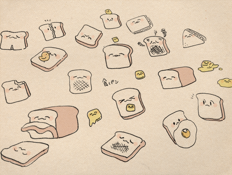 :3 ^_^ ayu_(mog) bird bitten blush bread butter chick closed_eyes closed_eyes food fried_egg happy no_humans original sandwich sepia sepia_background simple_background sleeping slicing
