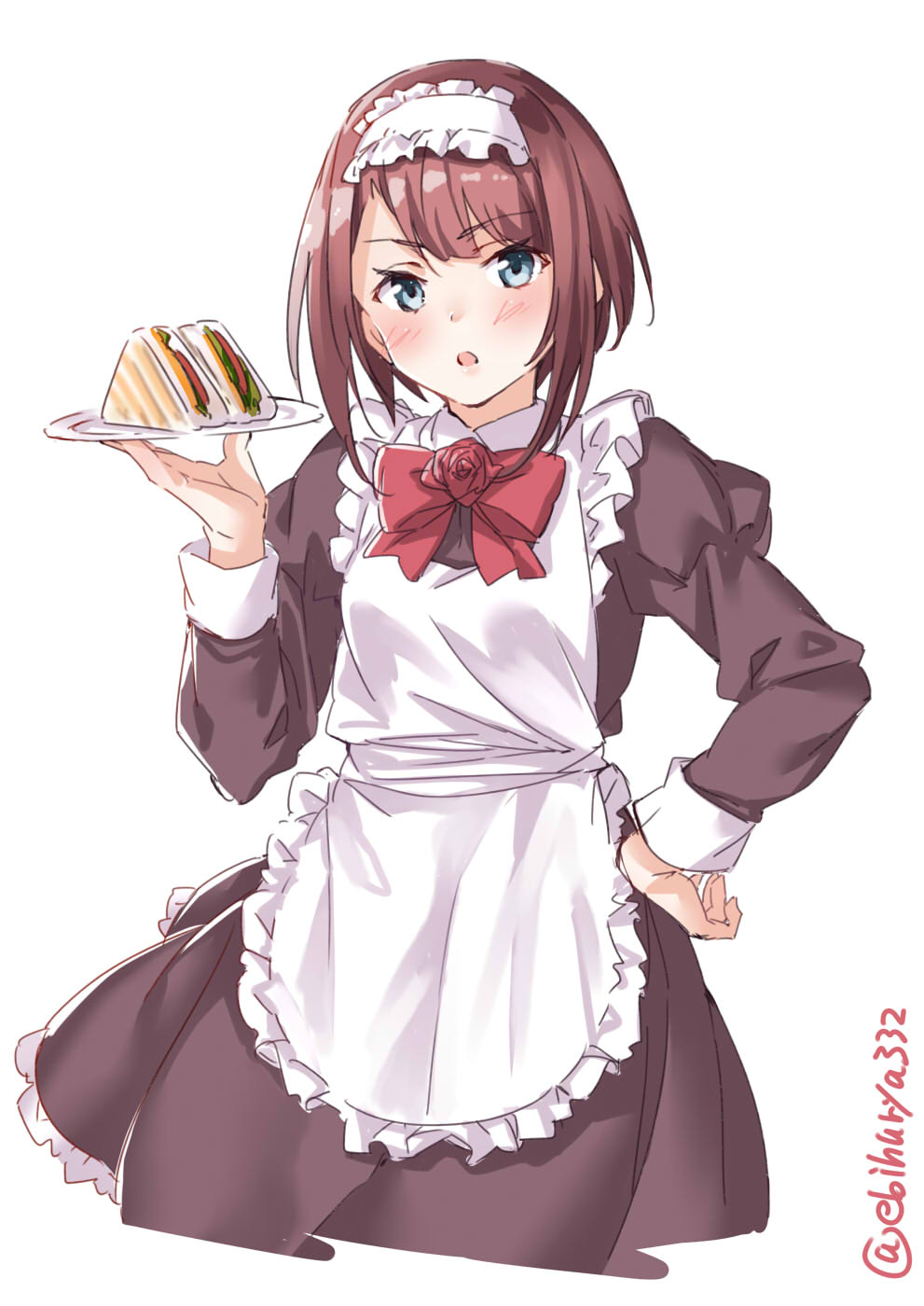 1girl alternate_costume apron ark_royal_(kantai_collection) blue_eyes blush bob_cut brown_dress cowboy_shot dress ebifurya enmaided eyebrows_visible_through_hair flower food frills hand_on_hip highres kantai_collection long_sleeves looking_at_viewer maid maid_apron maid_headdress open_mouth puffy_sleeves red_flower red_rose redhead rose sandwich short_hair solo tray waitress white_apron