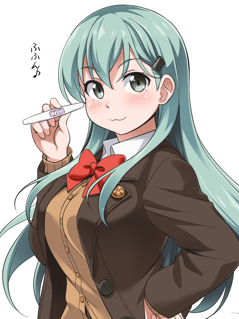 1girl :3 aqua_hair ascot bow bowtie cardigan grey_eyes hair_ornament hairclip hand_on_hip kantai_collection long_hair looking_at_viewer pregnancy_test red_neckwear remodel_(kantai_collection) school_uniform simple_background smile smug solo suzuya_(kantai_collection) translated upper_body white_background youkan