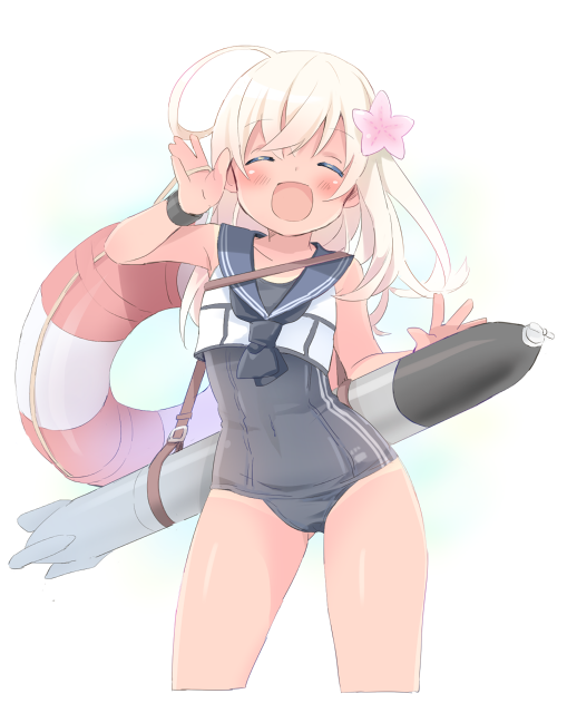 1girl commentary_request covered_navel crop_top flower hair_flower hair_ornament kantai_collection lifebuoy long_hair neneko-n one-piece_swimsuit one-piece_tan open_mouth ro-500_(kantai_collection) sailor_collar school_swimsuit school_uniform serafuku smile solo swimsuit tan tanline torpedo