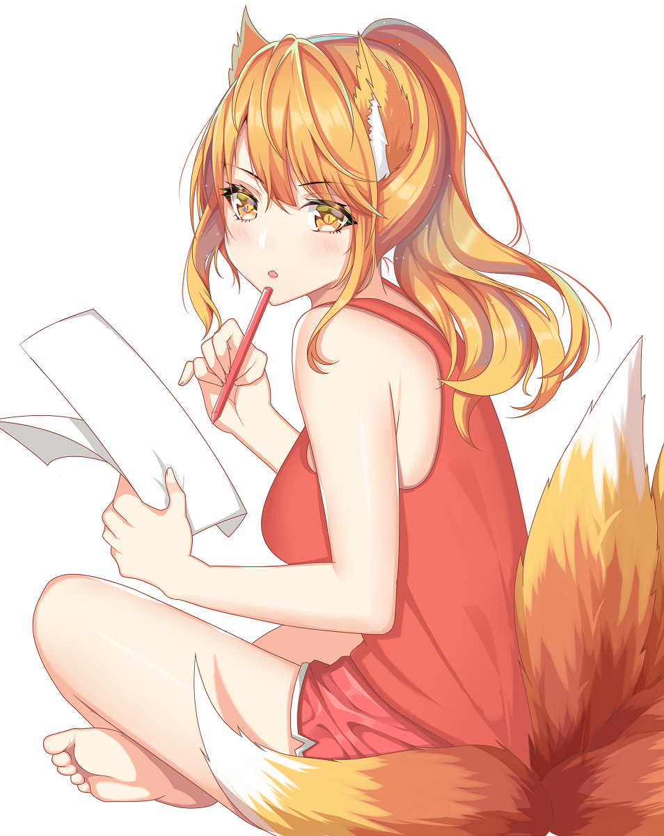 1girl animal_ears armpit_crease bangs bare_arms bare_shoulders barefoot blonde_hair boyshorts breasts commentary english_commentary feet fox_ears fox_girl fox_tail from_side highres holding holding_paper holding_pen indian_style kawaii_nihongo kitsune long_hair looking_at_viewer looking_to_the_side medium_breasts paper parted_lips pen ponytail r3d red_shirt red_shorts riko_(kawaii_nihongo) shirt shorts sidelocks simple_background sitting sleeveless sleeveless_shirt solo tail tank_top thighs white_background yellow_eyes