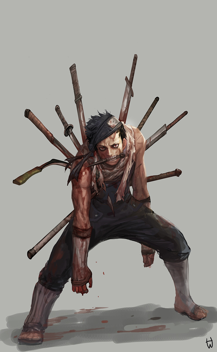 1boy bags_under_eyes bandage black_hair bleeding blood blood_on_face bloody_clothes bloody_hands bloody_weapon dripping gd_choco headband highres hunched_over impaled injury katana knot kunai male_focus momochi_zabuza naruto naruto_(series) red_eyes scar scratches sharp_teeth short_hair sickle signature solo standing sword teeth torn_clothes weapon