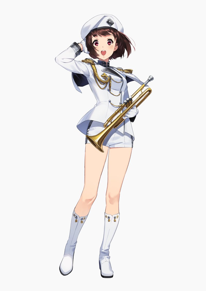 1girl band_uniform brown_hair epaulettes gloves hand_on_head hat hibike!_euphonium instrument kamo_kamen nakaseko_kaori open_mouth red_eyes short_hair shorts trumpet white_footwear white_gloves white_hat white_shorts