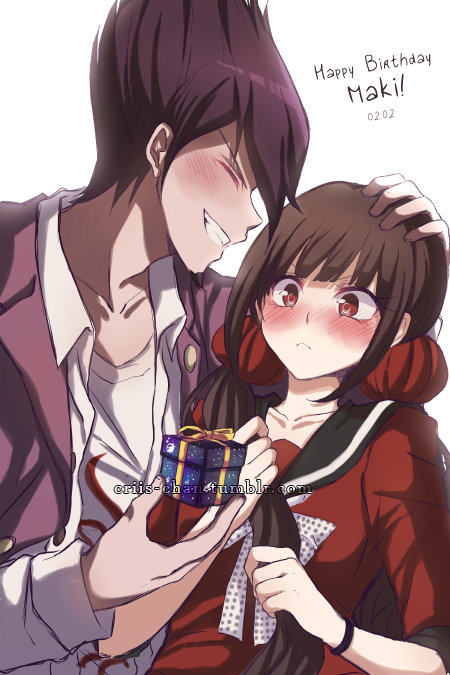 1boy 1girl black_sailor_collar blush box bracelet brown_eyes brown_hair character_name closed_eyes collarbone couple criis-chan dangan_ronpa dress_shirt gift gift_box grin hair_ornament happy_birthday harukawa_maki holding holding_box holding_hair jacket jewelry long_hair momota_kaito new_dangan_ronpa_v3 open_clothes open_jacket open_shirt petting purple_jacket red_shirt sailor_collar shirt smile spiky_hair watermark web_address white_shirt