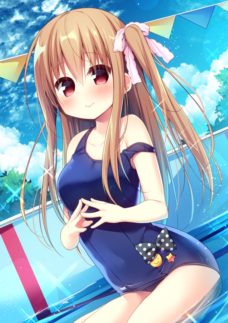 1girl bangs bare_arms bare_shoulders black_bow blue_sky blue_swimsuit blush bow breasts closed_mouth clouds cloudy_sky collarbone commentary_request day eyebrows_visible_through_hair fingernails hair_between_eyes hair_bow hanamiya_natsuka light_brown_hair long_hair looking_at_viewer old_school_swimsuit one-piece_swimsuit original outdoors pennant pink_bow polka_dot polka_dot_bow pool red_eyes school_swimsuit shallow_water sitting sky small_breasts smile smiley_face solo sparkle star steepled_fingers strap_slip string_of_flags swimsuit two_side_up very_long_hair water