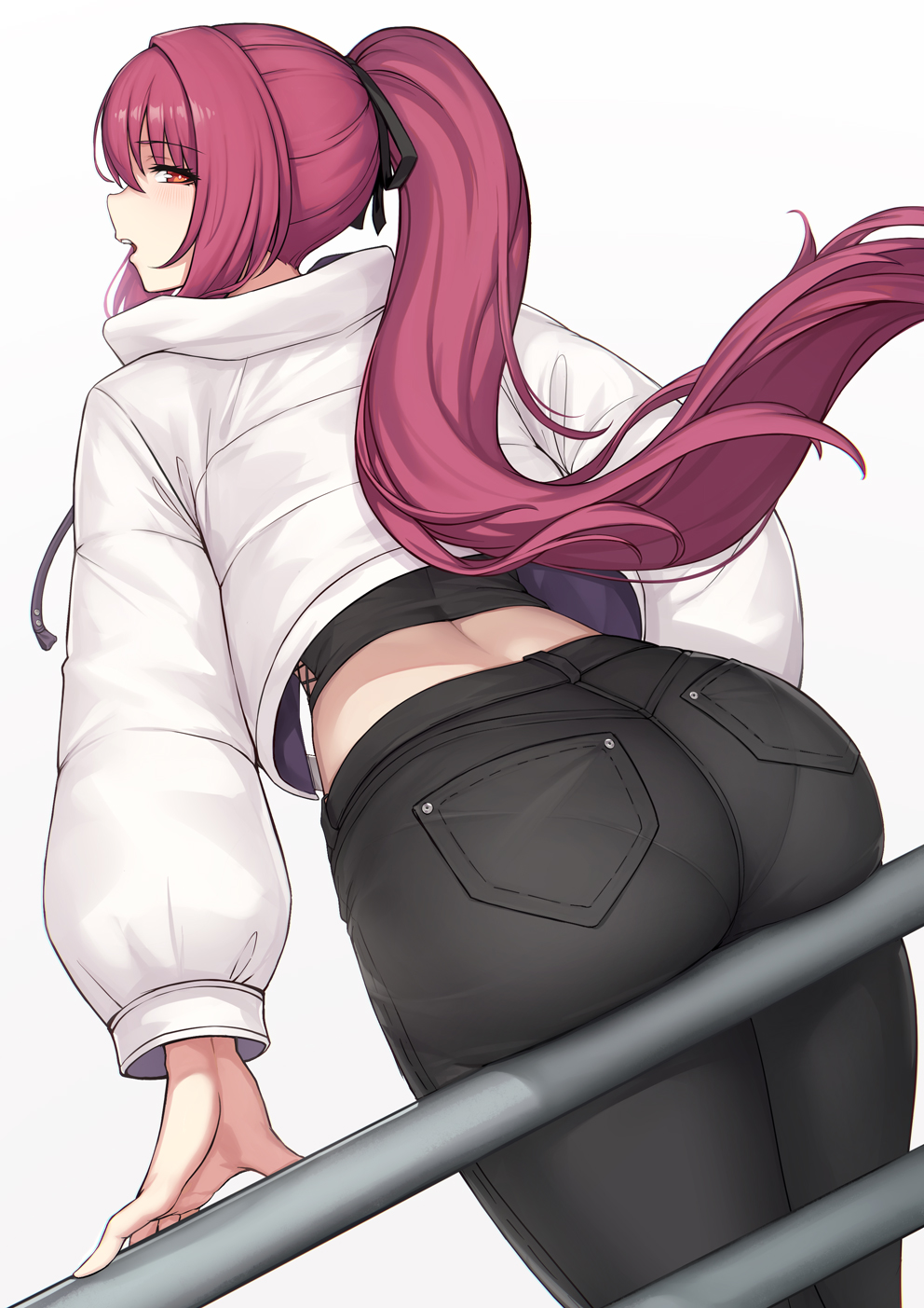 1girl ass bangs black_pants black_ribbon blush breasts evan_yang fate/grand_order fate_(series) hair_ribbon highres jacket large_breasts long_hair long_sleeves looking_at_viewer looking_back open_mouth pants pantylines ponytail purple_hair railing red_eyes ribbon scathach_(fate)_(all) scathach_(fate/grand_order) simple_background solo thighs white_background white_jacket