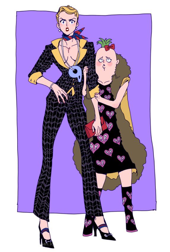 2girls bag blonde_hair blue_eyes coat formal genderswap green_hair handbag high_heels jojo_no_kimyou_na_bouken multiple_girls pesci prosciutto ribbon rurorooo short_hair vento_aureo