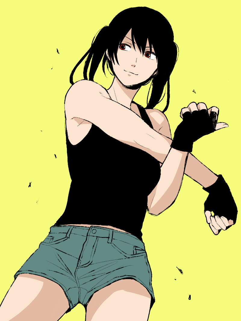 1girl black_hair black_tank_top denim denim_shorts dutch_angle fingerless_gloves flat_color gloves hair_between_eyes liz_alderton red_eyes rio_(cat-rio) save_data_de_koi_o_shite_mita short_shorts shorts simple_background smile twintails yellow_background