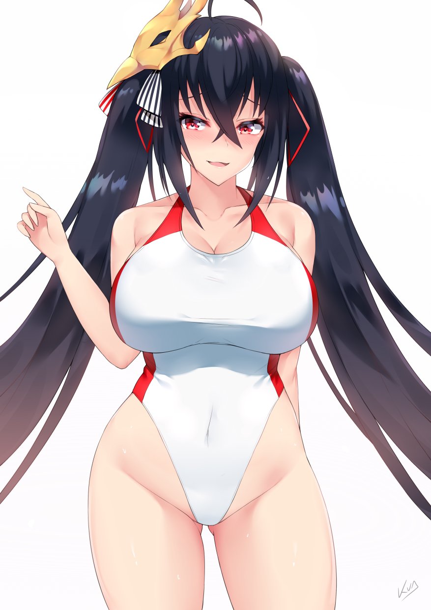 1girl ahoge arm_behind_back azur_lane black_hair blush breasts collarbone commentary_request covered_navel gluteal_fold hair_ribbon hand_up highres kuavera large_breasts mask mask_on_head multicolored multicolored_clothes multicolored_swimsuit one-piece_swimsuit parted_lips red_eyes red_ribbon red_swimsuit ribbon signature simple_background smile solo standing swimsuit taihou_(azur_lane) tied_hair twintails white_background white_swimsuit