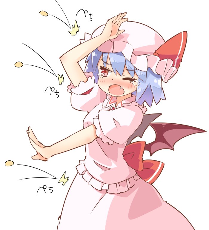 /\/\/\ 1girl arm_up arnest bangs bat_wings blue_hair breasts brooch commentary_request cowboy_shot dress eyebrows_visible_through_hair fang frilled_shirt_collar frills hat hat_ribbon jewelry medium_breasts mob_cap one_eye_closed open_mouth pink_dress pink_hat puffy_short_sleeves puffy_sleeves red_eyes red_ribbon remilia_scarlet ribbon short_hair short_sleeves simple_background solo soybean standing touhou translation_request white_background wings
