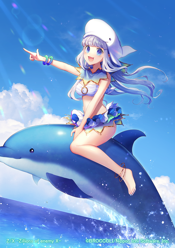 1girl :d animal animal_hat anklet bangs bare_arms bare_legs bare_shoulders barefoot bikini bikini_skirt blue_eyes blue_nails blue_sky bracelet breasts clouds commentary_request copyright_name day dolphin dutch_angle fish floating_hair hat horizon jewelry long_hair looking_at_viewer medium_breasts momoshiki_tsubaki nail_polish ocean official_art open_mouth outdoors outstretched_hand pointing riding sidelocks silver_hair sky smile solo stomach swimsuit thighs water watermark whale_hat white_bikini z/x