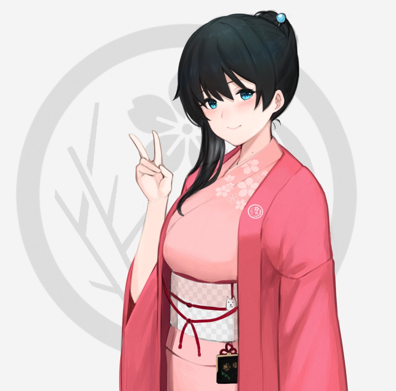 1girl arm_at_side bangs black_hair blue_eyes blush coin_purse commentary dog hair_ornament hair_over_shoulder hairpin hand_up hayabusa highres japanese_clothes kimono light_smile long_hair long_sleeves looking_at_viewer mole mole_on_neck nijisanji obi onomachi_haruka pink_kimono ponytail sash solo upper_body v white_background wide_sleeves