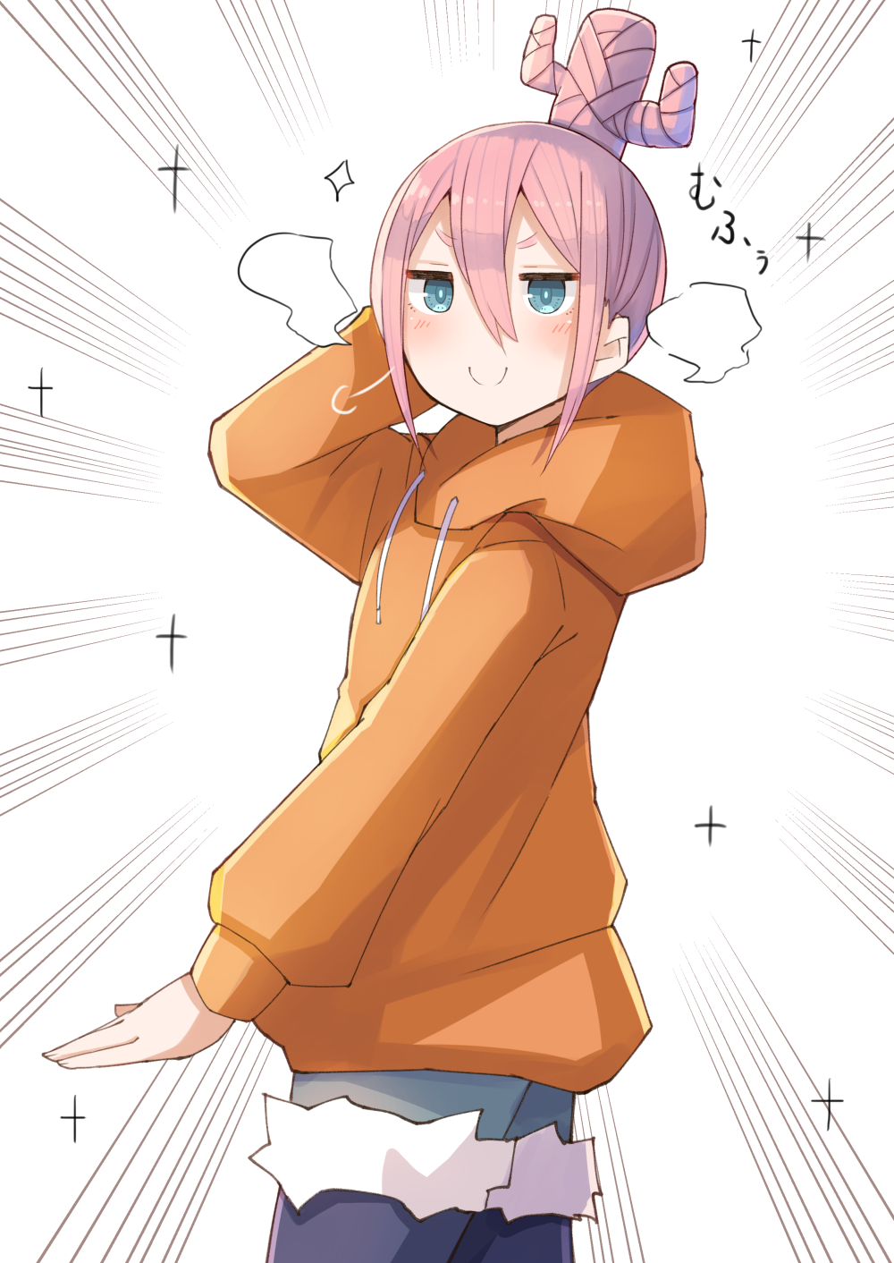 1girl alternate_hairstyle blue_eyes blush cactus commentary_request doyagao eyebrows_visible_through_hair hair_between_eyes highres hood hoodie kagamihara_nadeshiko legwear_under_shorts long_sleeves looking_at_viewer orange_hoodie pantyhose pink_hair plan_(planhaplalan) pose shorts smile smug solo thick_eyebrows winter_clothes yurucamp