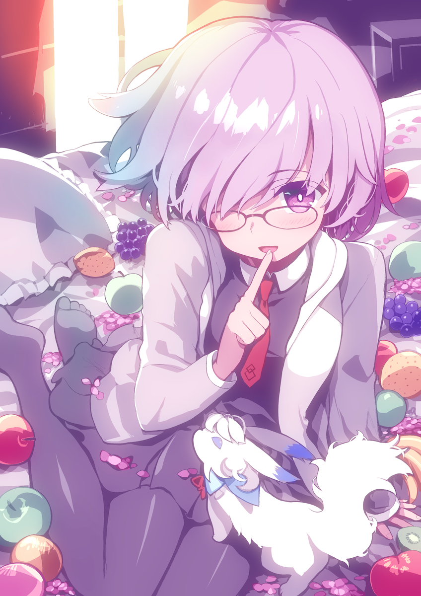 1girl :d animal apple bed black_shirt blush breasts commentary_request creature eyebrows_behind_hair eyebrows_visible_through_hair fate/grand_order fate_(series) finger_to_mouth food fou_(fate/grand_order) fruit fur glasses green_apple hair_over_one_eye highres jacket large_breasts looking_at_viewer mash_kyrielight multicolored multicolored_clothes multicolored_jacket necktie on_bed one_eye_covered open_mouth pillow pleated_skirt purple_hair red-framed_eyewear red_apple red_neckwear shirt short_hair sitting skirt smile sunlight table tranquillianusmajor violet_eyes white_fur white_pillow window