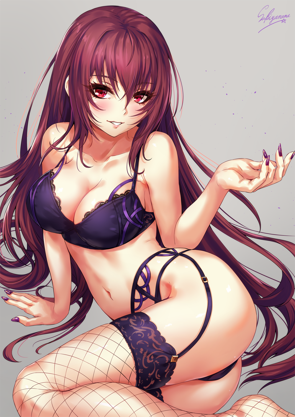1girl ass bangs blush bra breasts cleavage collarbone commentary_request eyelashes fate/grand_order fate_(series) fingernails fishnet_legwear fishnets garter_belt garter_straps grey_background hair_between_eyes hair_intakes highres large_breasts long_fingernails long_hair looking_at_viewer nail_art nail_polish navel panties parted_lips purple_bra purple_hair purple_nails purple_panties red_eyes sakiyamama scathach_(fate)_(all) scathach_(fate/grand_order) signature simple_background sitting smile solo thigh-highs thighs underwear