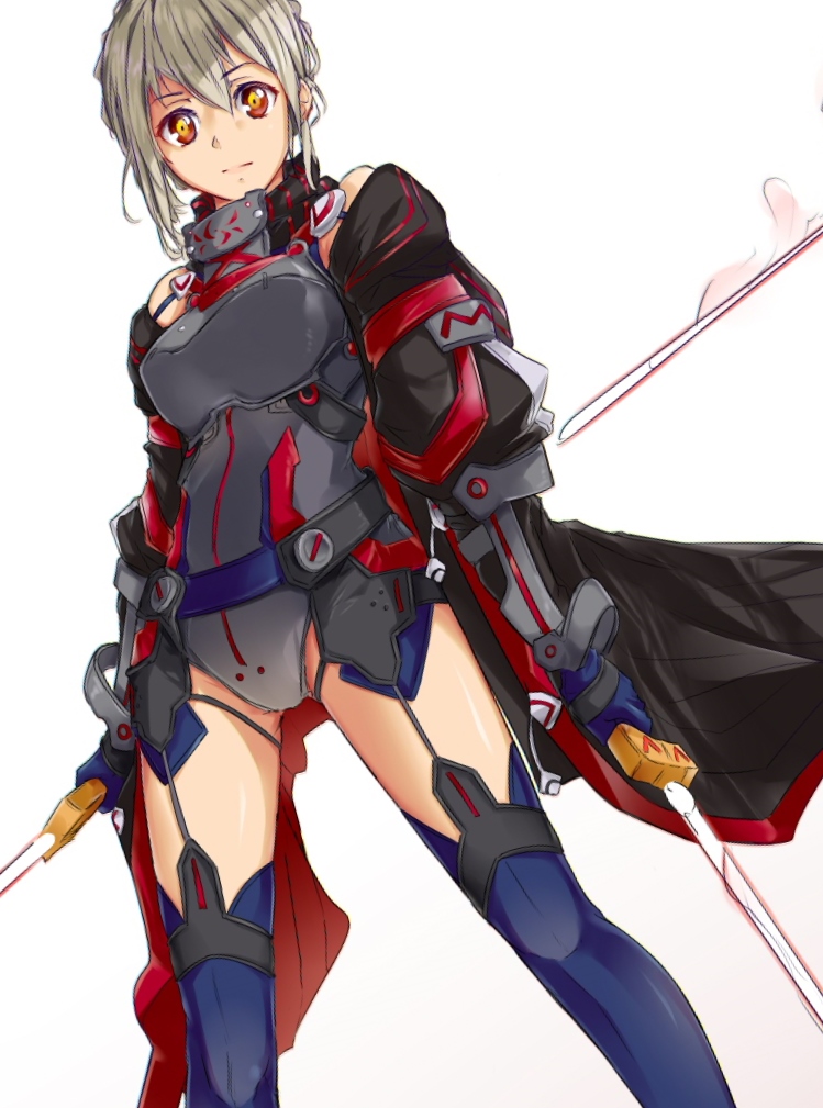 1girl artoria_pendragon_(all) blue_gloves blue_legwear breastplate dual_wielding fate/grand_order fate_(series) from_below garter_straps gloves grey_leotard hair_between_eyes holding holding_sword holding_weapon leotard looking_at_viewer mysterious_heroine_x_(alter) saruno_(eyesonly712) shiny shiny_skin short_hair silver_hair simple_background sketch solo standing sword thigh-highs weapon white_background yellow_eyes