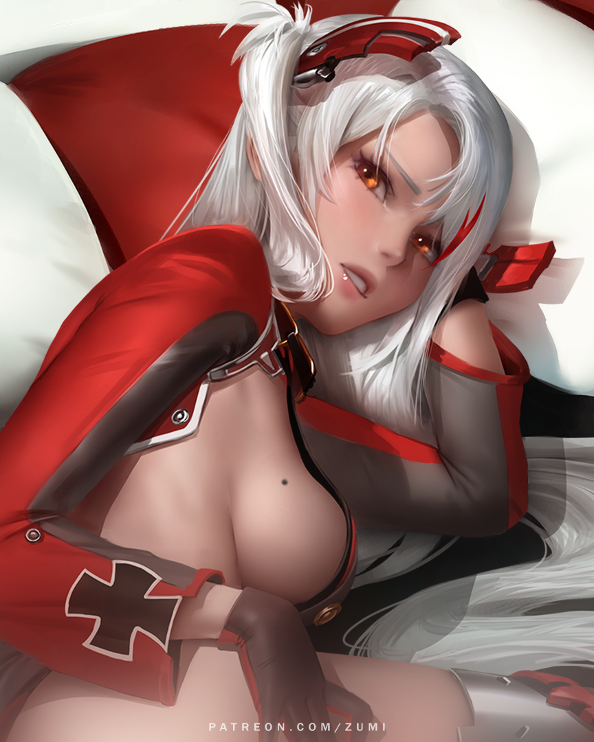 1girl azur_lane bangs banned_artist blush boots breasts brown_eyes gloves hair_between_eyes headgear iron_cross large_breasts leotard long_hair long_sleeves looking_at_viewer mole mole_on_breast multicolored_hair parted_lips patreon_username prinz_eugen_(azur_lane) redhead side_cutout sideboob silver_hair solo streaked_hair submissive thigh-highs thigh_boots thighs two_side_up very_long_hair zumi_(zumidraws)