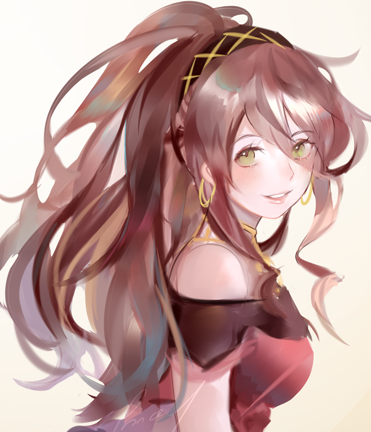 1girl aubz bracelet brown_hair dancer dress jewelry long_hair looking_at_viewer necklace octopath_traveler ponytail primrose_azelhart simple_background smile solo