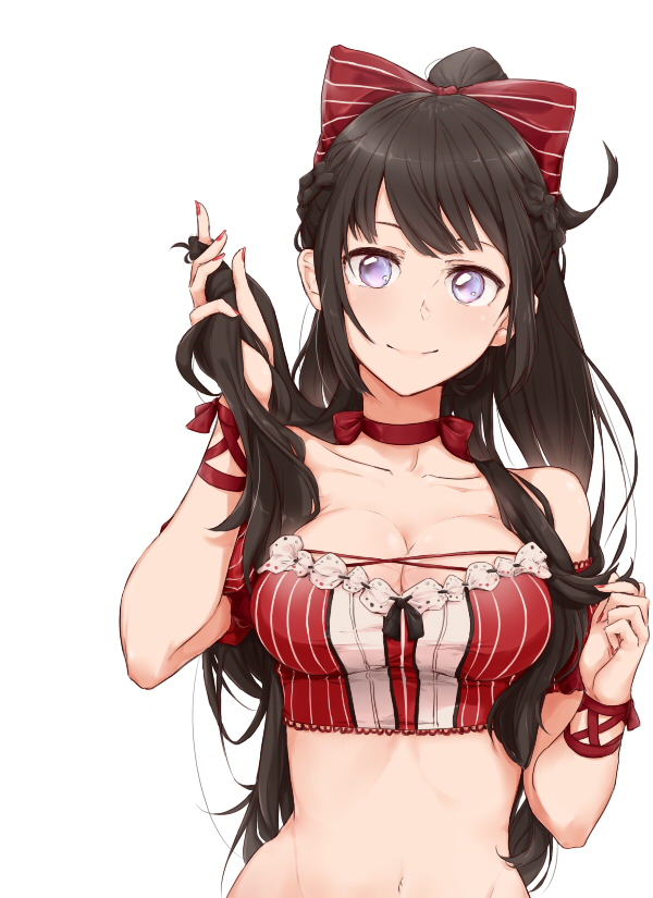 1girl black_hair blue_eyes bow bra breasts choker cleavage collarbone hair_bow high_ponytail large_breasts long_hair looking_at_viewer navel original red_bow red_bra red_ribbon ribbon ribbon_choker saruno_(eyesonly712) shiny shiny_hair simple_background smile solo strapless strapless_bra striped striped_bow underwear underwear_only upper_body very_long_hair white_background wrist_ribbon