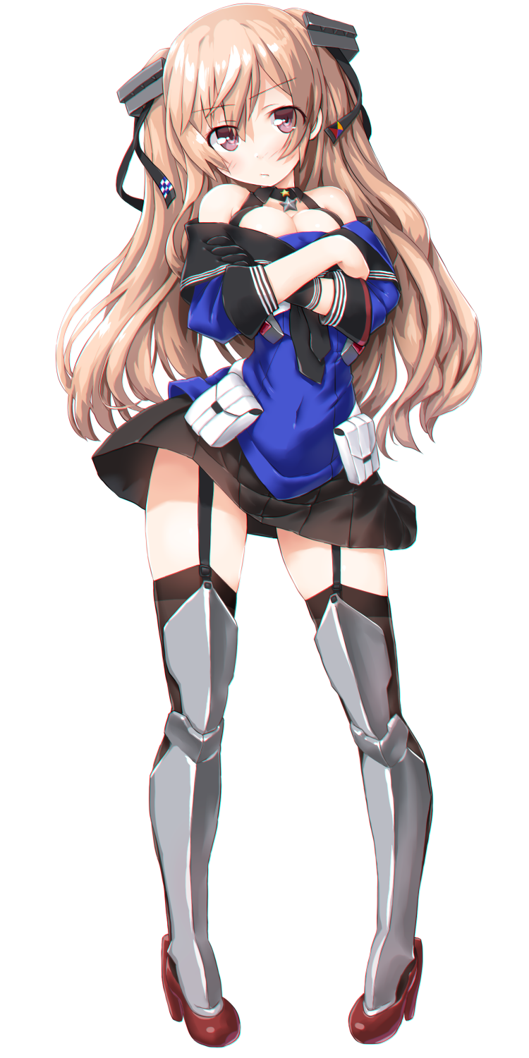 1girl armored_boots black_gloves black_skirt blue_shirt blush boots breasts brown_eyes closed_mouth dd_(ijigendd) full_body gloves hair_ornament highres johnston_(kantai_collection) kantai_collection light_brown_hair long_hair medium_breasts off_shoulder pleated_skirt sailor_collar school_uniform serafuku shirt skirt solo thigh-highs twintails us_medal_of_honor