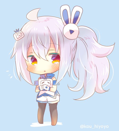 1girl :o ahoge animal_ears azur_lane bangs black_legwear blue_background blush chibi commentary_request eyebrows_visible_through_hair full_body gloves hair_between_eyes hair_ornament kouu_hiyoyo laffey_(azur_lane) long_hair no_shoes object_hug pantyhose parted_lips rabbit_ears red_eyes shirt short_shorts shorts side_ponytail sidelocks silver_hair sleeveless sleeveless_shirt solo standing twitter_username very_long_hair white_gloves white_shirt white_shorts