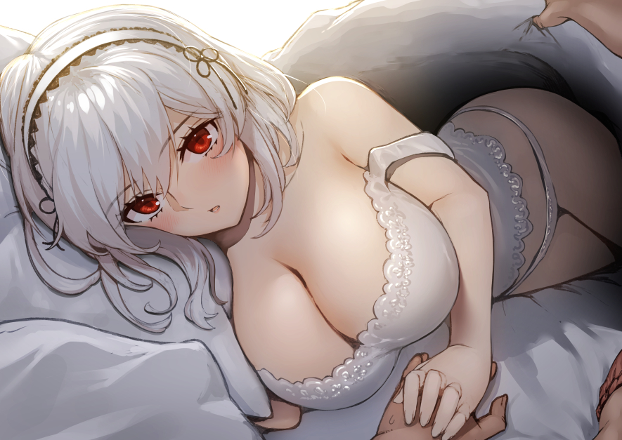 1boy 1girl azur_lane bare_shoulders bed bed_sheet blanket blush breasts cleavage commentary_request eyebrows_visible_through_hair hair_between_eyes hairband hand_on_another's_hand huge_breasts lace-trimmed_hairband lingerie looking_at_viewer lying open_mouth panties pillow pov pyz_(cath_x_tech) red_eyes short_hair sidelocks sirius_(azur_lane) under_covers underwear white_hair white_panties