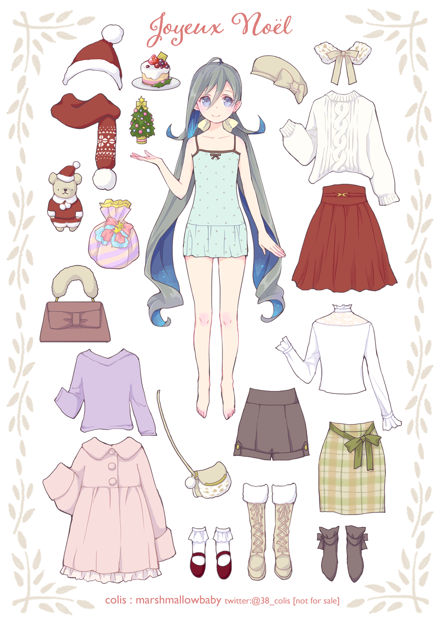 1girl ahoge bag barefoot beige_footwear blouse blue_eyes blush boots cake camisole christmas_tree clothes colis cross-laced_footwear dress fashion food french_text frilled_legwear full_body grey_hair hair_between_eyes hair_ribbon hat highres kantai_collection kiyoshimo_(kantai_collection) lace-up_boots long_hair looking_at_viewer low_twintails paper_doll pencil_skirt pink_dress plaid plaid_skirt red_footwear ribbon santa_hat skirt smile socks solo standing sweater twintails twitter_username very_long_hair white_blouse white_hat white_legwear white_sweater