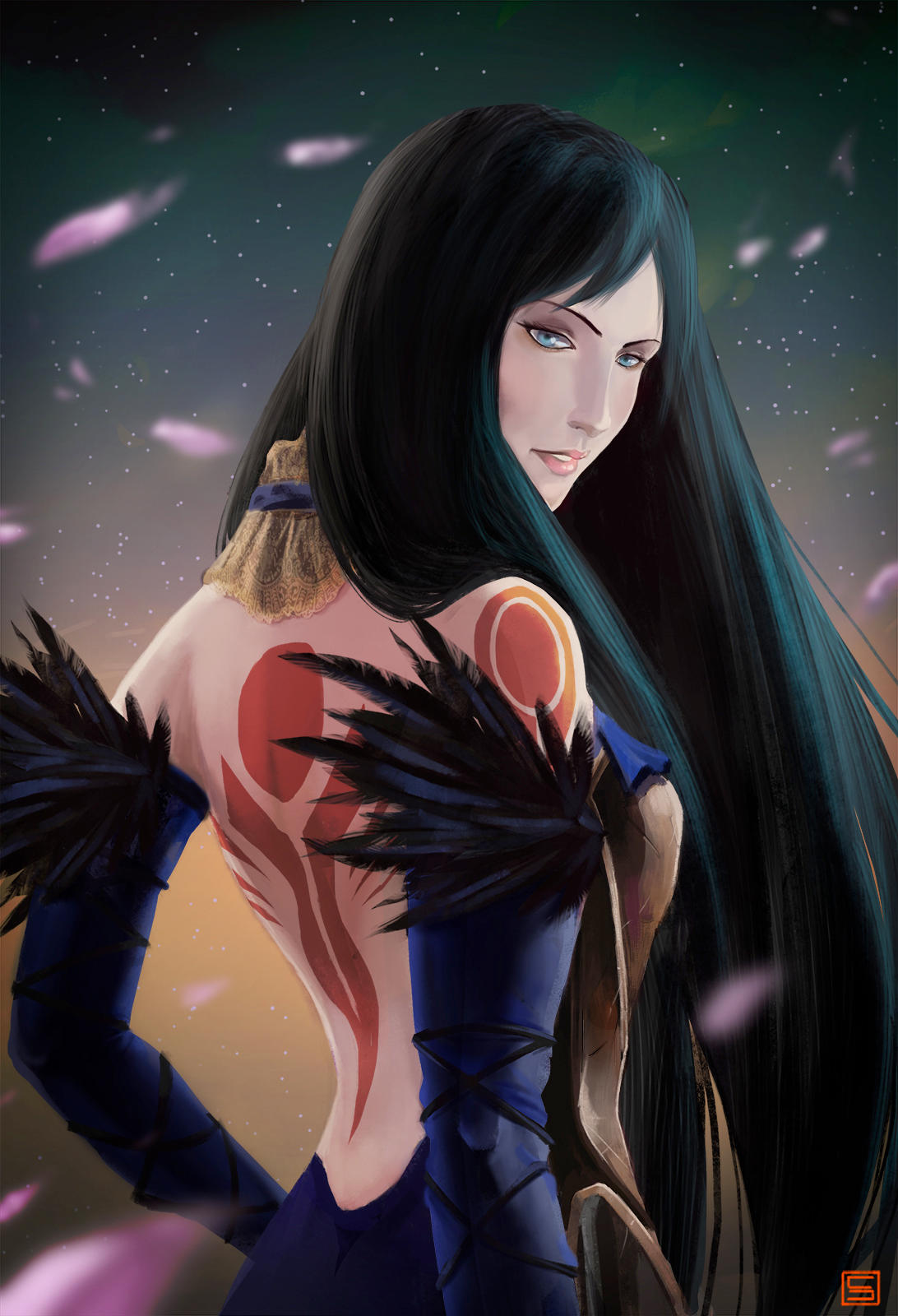 1girl backless_outfit bare_shoulders black_hair blue_eyes castlevania castlevania:_order_of_ecclesia dress highres long_hair shanoa solo tattoo very_long_hair