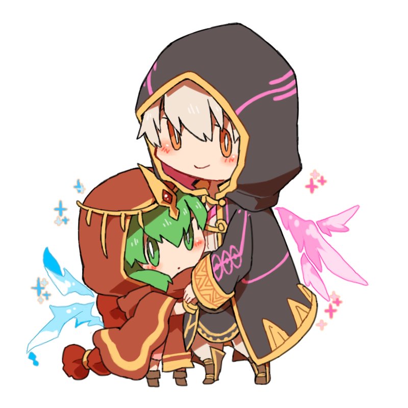 1boy 1girl bracelet chibi chiki closed_mouth fire_emblem fire_emblem:_kakusei fire_emblem:_mystery_of_the_emblem fire_emblem_heroes green_eyes green_hair hood hood_up jewelry long_sleeves male_my_unit_(fire_emblem:_kakusei) mamkute my_unit_(fire_emblem:_kakusei) nintendo robe shunrai simple_background smile standing tiara white_background white_hair