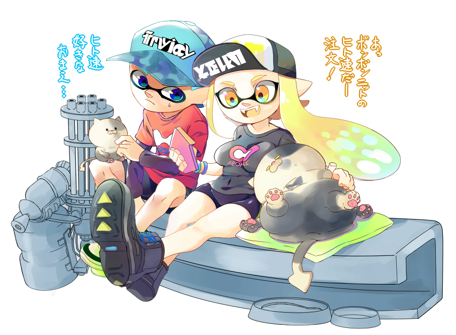 1boy 1girl aqua_hair bangs bike_shorts black_shorts blonde_hair blue_eyes blunt_bangs breasts cat cellphone commentary_request domino_mask fangs gatling_gun hat inkling jajji-kun_(splatoon) kitten kojajji-kun_(splatoon) large_breasts long_hair mask minamidena nintendo open_mouth phone pointy_ears shirt shoes short_hair shorts smartphone smile sneakers splatoon splatoon_(series) splatoon_2 sweatdrop t-shirt tentacle_hair translation_request yellow_eyes