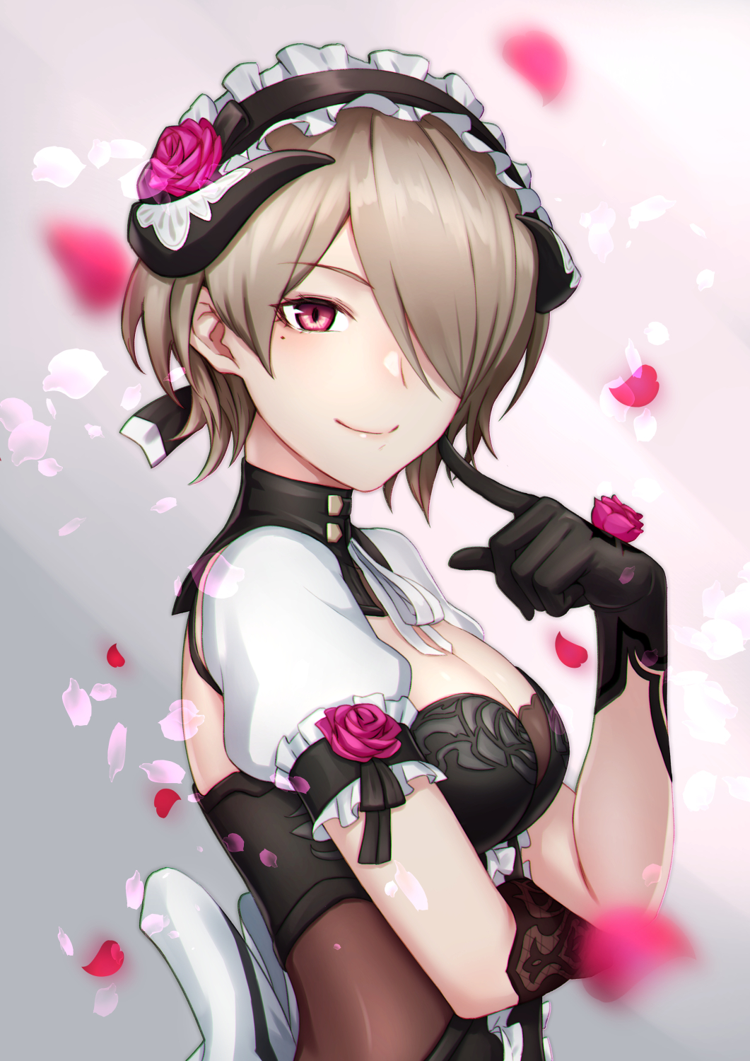 1girl bangs black_gloves blurry_foreground blush breasts closed_mouth dress finger_to_cheek flower frills gloves hair_over_one_eye highres honkai_(series) honkai_impact_3 horns looking_at_viewer maid maid_headdress petals puffy_short_sleeves puffy_sleeves red_eyes red_flower red_rose rita_rossweisse rose shinachiku_(uno0101) short_hair short_sleeves sidelocks smile solo