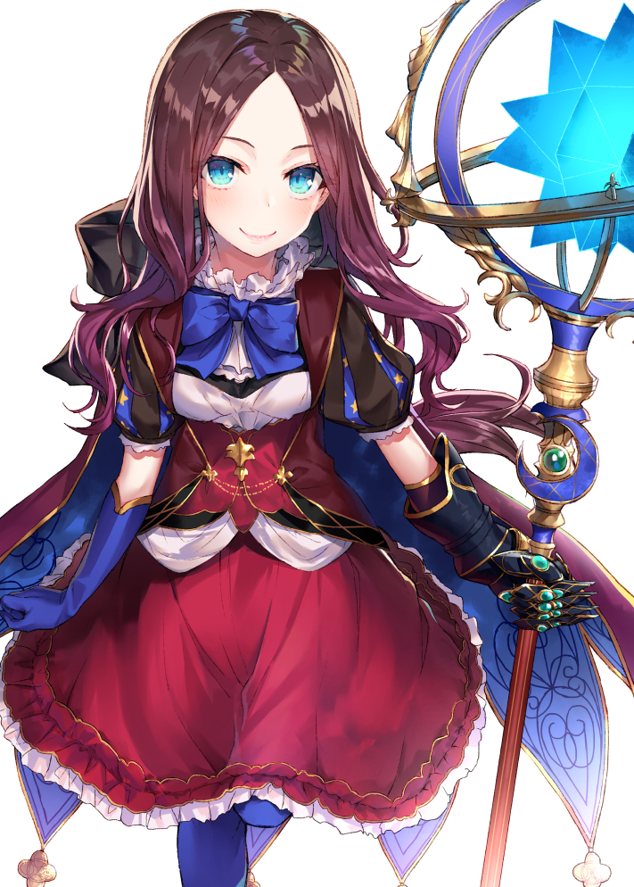 1girl bangs blue_eyes blue_gloves blue_legwear blush breasts brown_hair closed_mouth commentary_request elbow_gloves fate/grand_order fate_(series) forehead frilled_skirt frills gauntlets gloves glowing hakuishi_aoi holding holding_staff leonardo_da_vinci_(fate/grand_order) long_hair pantyhose parted_bangs puff_and_slash_sleeves puffy_short_sleeves puffy_sleeves red_skirt short_sleeves simple_background single_gauntlet single_glove skirt small_breasts smile solo staff standing standing_on_one_leg white_background