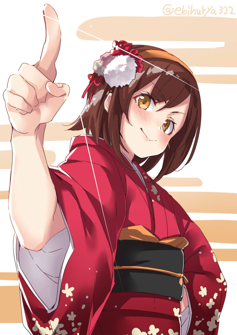 1girl alternate_costume blush brown_eyes brown_hair closed_eyes closed_mouth cowboy_shot ebifurya eyebrows_visible_through_hair flat_chest floral_print gradient gradient_background hair_between_eyes hair_flaps hairband hand_on_hip highres index_finger_raised japanese_clothes kantai_collection kimono lips long_sleeves looking_at_viewer obi orange_hairband pointing red_kimono sash shiratsuyu_(kantai_collection) short_hair smile solo wide_sleeves yukata