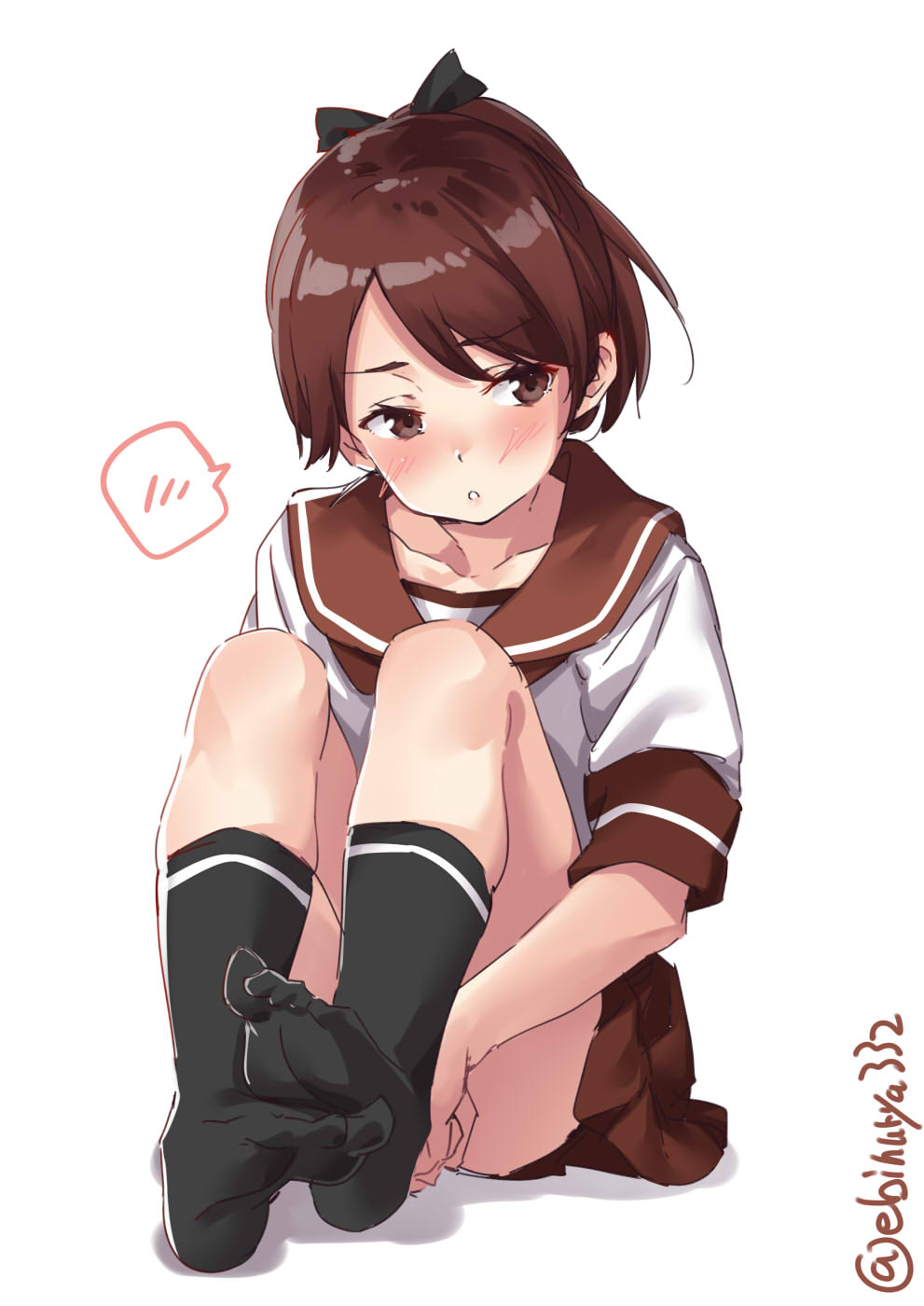 1girl blush brown_hair brown_sailor_collar brown_skirt collarbone ebifurya eyebrows_visible_through_hair feet full_body hair_between_eyes hair_ribbon highres kantai_collection kneehighs looking_at_viewer looking_to_the_side open_mouth ponytail ribbon sailor_collar school_uniform serafuku shikinami_(kantai_collection) short_ponytail short_sleeves sitting skirt soles solo spoken_squiggle squiggle toes twitter_username