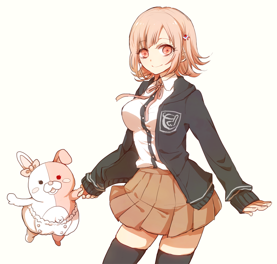 1girl animal_ears bangs black_jacket black_legwear bow breasts commentary_request dangan_ronpa ear_ribbon eyebrows_visible_through_hair feet_out_of_frame flipped_hair hair_ornament hairclip holding jacket large_breasts light_brown_hair long_sleeves minato_(ash0925) monomi_(dangan_ronpa) nanami_chiaki pink_eyes pink_neckwear pleated_skirt rabbit rabbit_ears shirt short_hair simple_background skirt smile standing super_dangan_ronpa_2 thigh-highs white_background white_shirt