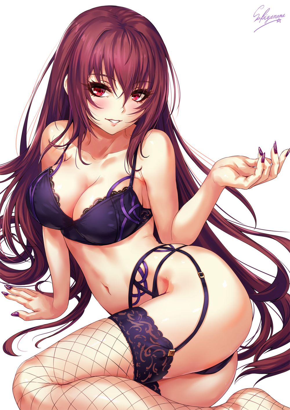 1girl ass bangs blush bra breasts cleavage collarbone commentary_request eyelashes fate/grand_order fate_(series) fingernails fishnet_legwear fishnets garter_belt garter_straps grey_background hair_between_eyes hair_intakes highres large_breasts long_fingernails long_hair looking_at_viewer nail_art nail_polish navel panties parted_lips purple_bra purple_hair purple_nails purple_panties red_eyes sakiyamama scathach_(fate)_(all) scathach_(fate/grand_order) signature simple_background sitting smile solo thigh-highs thighs underwear