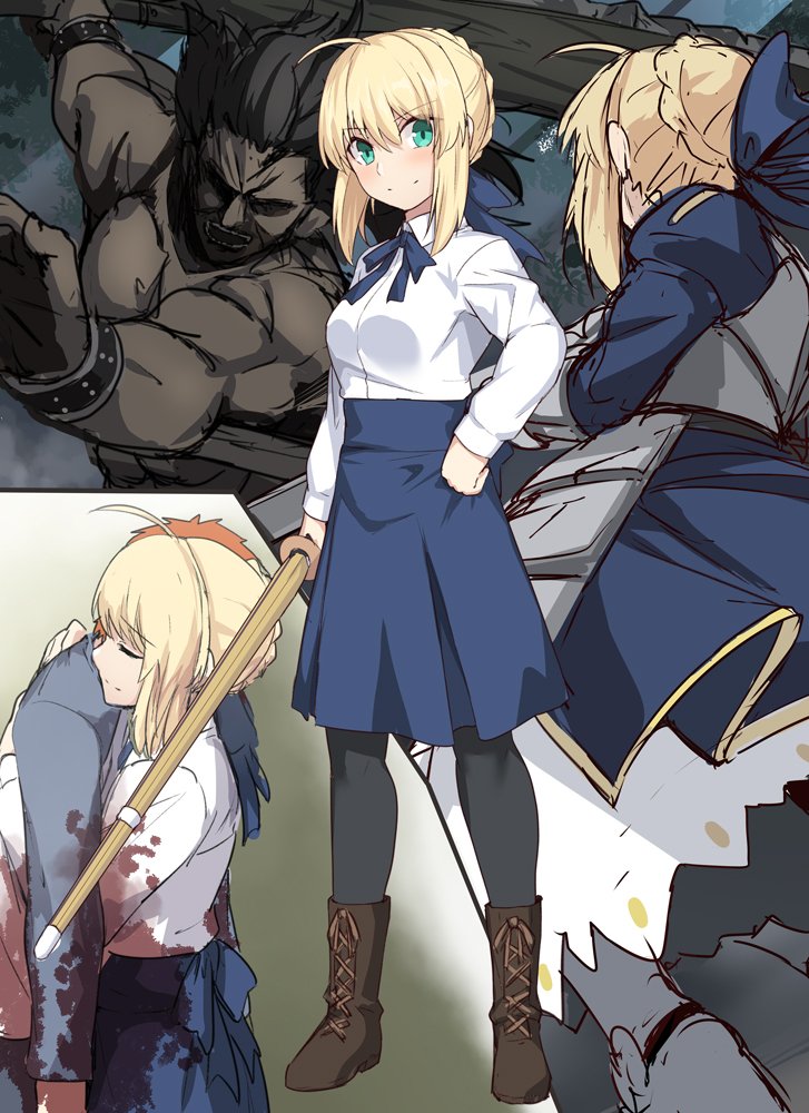 1girl 2boys ahoge armor armored_boots armored_dress artoria_pendragon_(all) berserker black_hair black_skin blonde_hair blood bloody_clothes blue_ribbon blue_skirt blush boots braid breasts brown_footwear casual commentary_request cross-laced_footwear emiya_shirou eyebrows_visible_through_hair fate/stay_night fate_(series) french_braid green_eyes hair_ribbon hands_on_another's_back holding holding_sword holding_weapon hug knight long_hair looking_at_viewer multiple_boys orange_hair pantyhose ribbon saber shinai shirt shiseki_hirame short_hair skirt small_breasts smile sword weapon white_shirt wooden_sword