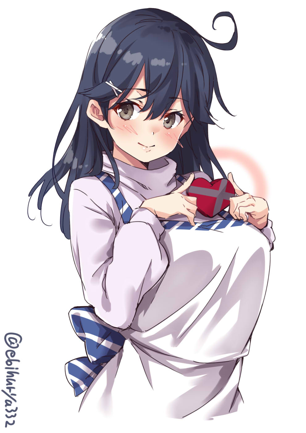 1girl ahoge apron black_hair blush box breasts brown_eyes casual chocolate chocolate_heart contemporary cowboy_shot ebifurya eyebrows_visible_through_hair food from_side hair_between_eyes heart heart-shaped_box highres holding kantai_collection large_breasts lavender_shirt light_smile long_hair long_sleeves looking_at_viewer solo turtleneck twitter_username ushio_(kantai_collection) white_background