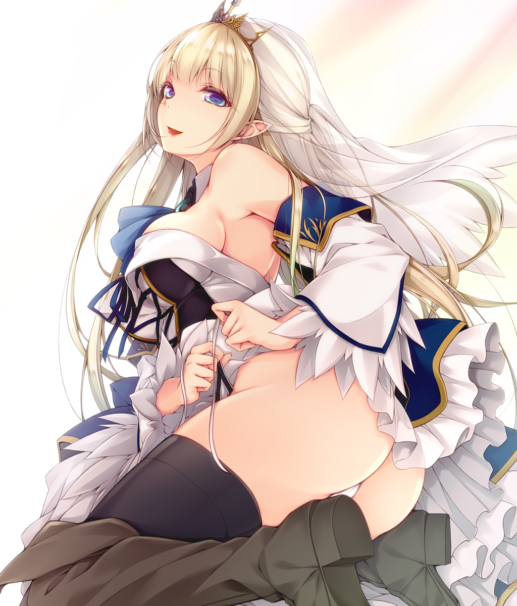 1girl :d ass bare_shoulders black_legwear blue_eyes blush boots breasts cover cover_page crown detached_sleeves dress elf eyebrows_visible_through_hair highres kneeling long_hair looking_at_viewer luna_lia novel_cover novel_illustration open_mouth panties pointy_ears side-tie_panties simple_background smile solo thigh-highs underwear veil very_long_hair white_background white_panties