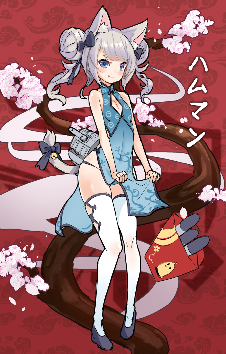 1girl :t animal_ear_fluff animal_ears azur_lane bangs bare_arms bare_shoulders bell black_bow black_footwear black_panties blue_dress blue_eyes blush bow breasts cat_ears cat_girl cat_tail china_dress chinese_clothes cleavage cleavage_cutout closed_mouth double_bun dress flower full_body hair_bow hammann_(azur_lane) highres jingle_bell long_hair panties pelvic_curtain phandit_thirathon pink_flower pout red_background shoes side_bun silver_hair sleeveless sleeveless_dress small_breasts solo tail tail_bell tail_bow thigh-highs torpedo tree twintails underwear v-shaped_eyebrows wavy_mouth white_legwear