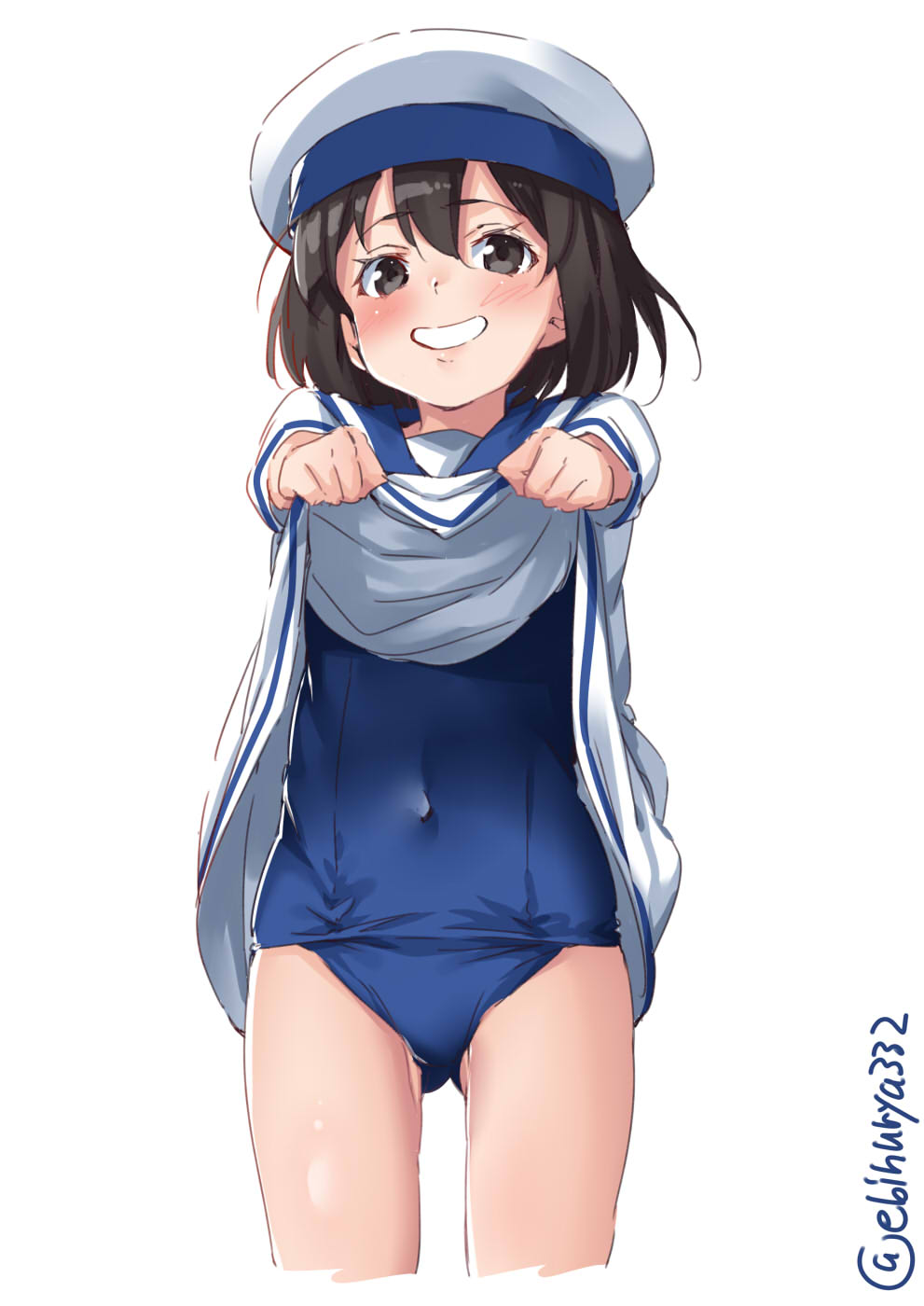 1girl black_eyes black_hair blue_swimsuit blush bob_cut covered_navel daitou_(kantai_collection) dress dress_lift ebifurya eyebrows_visible_through_hair grin hair_between_eyes hat highres kantai_collection lifted_by_self looking_at_viewer old_school_swimsuit sailor_collar sailor_dress sailor_hat school_swimsuit short_hair short_sleeves signature simple_background smile solo swimsuit swimsuit_under_clothes twitter_username white_background white_dress