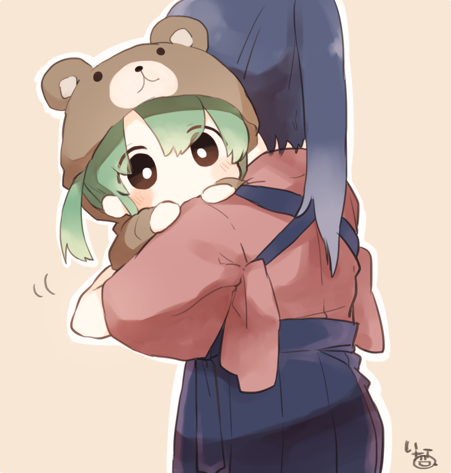 2girls animal_costume bear_costume blue_hair blue_hakama blush brown_sweater carrying chibi commentary_request cowboy_shot eyebrows_visible_through_hair green_hair hair_between_eyes hakama hip_vent hood hooded_sweater houshou_(kantai_collection) ina_(1813576) japanese_clothes kantai_collection kimono long_hair motion_lines multiple_girls pink_kimono ponytail signature simple_background sweater tasuki twintails zuikaku_(kantai_collection)