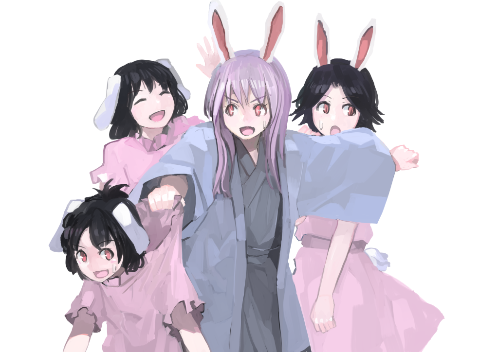 4girls :d ^_^ alternate_costume animal_ears bangs black_hair bunny_tail clenched_hand closed_eyes closed_eyes commentary cowboy_shot eyebrows_visible_through_hair forehead grabbing grey_kimono hand_up haori ichiba_youichi inaba_tewi japanese_clothes kimono long_sleeves looking_at_viewer multiple_girls multiple_persona open_mouth pink_sash purple_hair rabbit_ears red_eyes reisen_udongein_inaba short_hair short_sleeves simple_background smile standing sweat tail touhou upper_body v-shaped_eyebrows white_background wide_sleeves