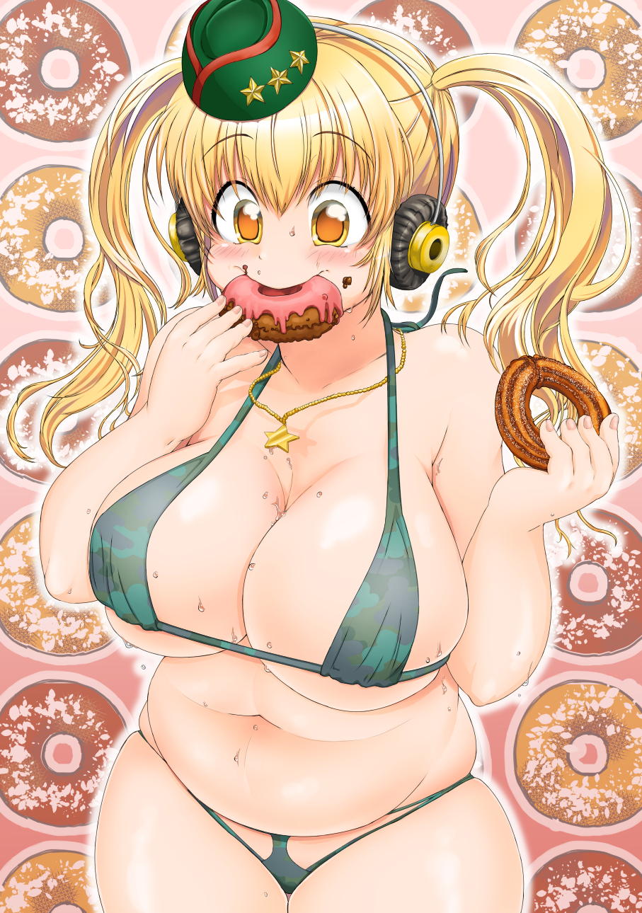 1girl bangs bare_arms bare_legs bare_shoulders barefoot belly bikini blonde_hair blush breasts camouflage camouflage_bikini camouflage_hat collarbone curvy doughnut eating eyebrows eyebrows_visible_through_hair food food_in_mouth food_on_face glutton hair_between_eyes highres jewelry large_breasts long_hair muffin_top navel necklace nitroplus open_mouth plump renntaikan skindentation solo star star_necklace stomach super_pochaco sweat swimsuit twintails wide-eyed yellow_eyes