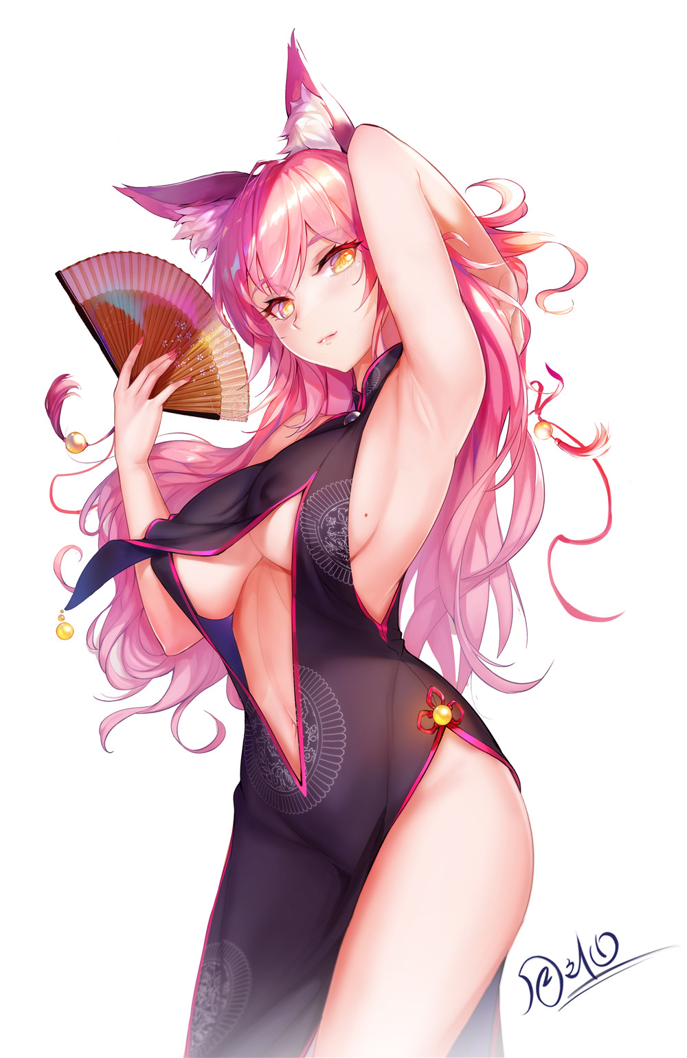 1girl animal_ear_fluff animal_ears arm_behind_head bangs bare_shoulders bell black_dress black_gloves blush breasts center_opening china_dress chinese_clothes dress fan fate/grand_order fate_(series) folding_fan fox_ears fox_girl fox_tail gloves hair_between_eyes highres hips jingle_bell koyanskaya large_breasts long_hair looking_at_viewer mole mole_on_breast nail_polish pink_hair sideboob simple_background smile solo tail thighs tsuki_no_i-min under_boob white_background yellow_eyes