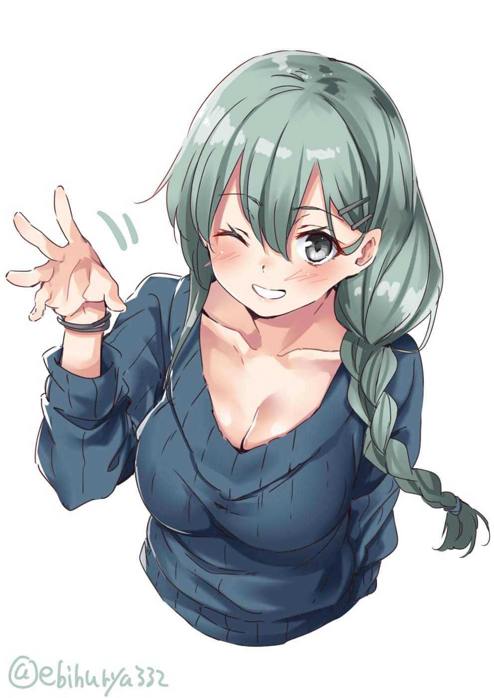 1girl alternate_costume alternate_hairstyle aqua_eyes aqua_hair blue_sweater blush braid breasts cleavage closed_mouth ebifurya eyebrows_visible_through_hair grey_eyes grey_sweater hair_between_eyes hair_ornament hairclip highres kantai_collection large_breasts long_hair looking_at_viewer one_eye_closed ribbed_sweater simple_background single_braid smile solo suzuya_(kantai_collection) sweater twitter_username upper_body white_background
