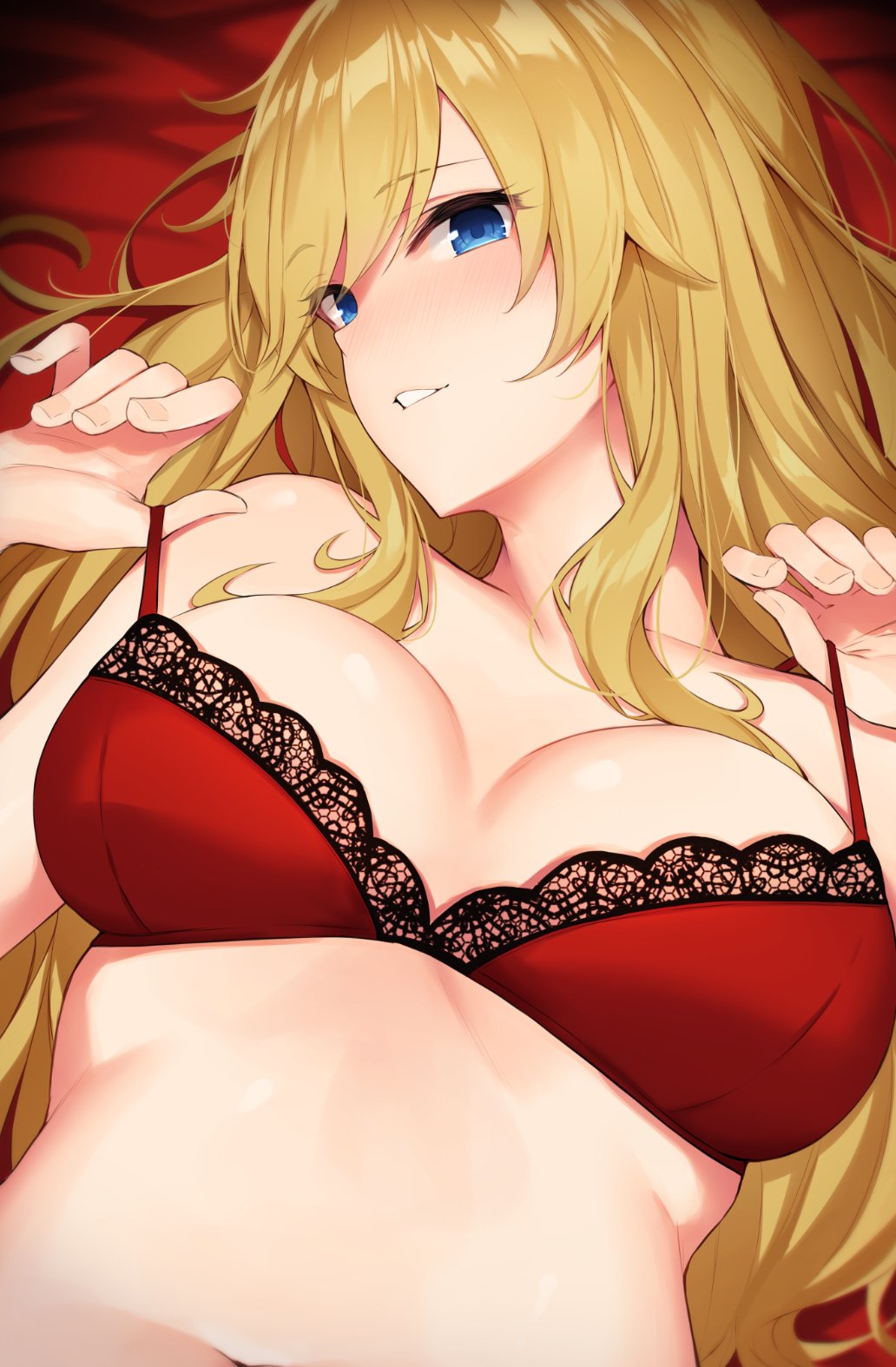 1girl anza_tomo bangs bare_shoulders blonde_hair blue_eyes blush bra breasts cleavage collarbone highres idolmaster idolmaster_cinderella_girls lace lace-trimmed_bra large_breasts long_hair looking_at_viewer lying on_back ootsuki_yui parted_lips red_bra smile solo strap_pull swept_bangs underwear wavy_hair