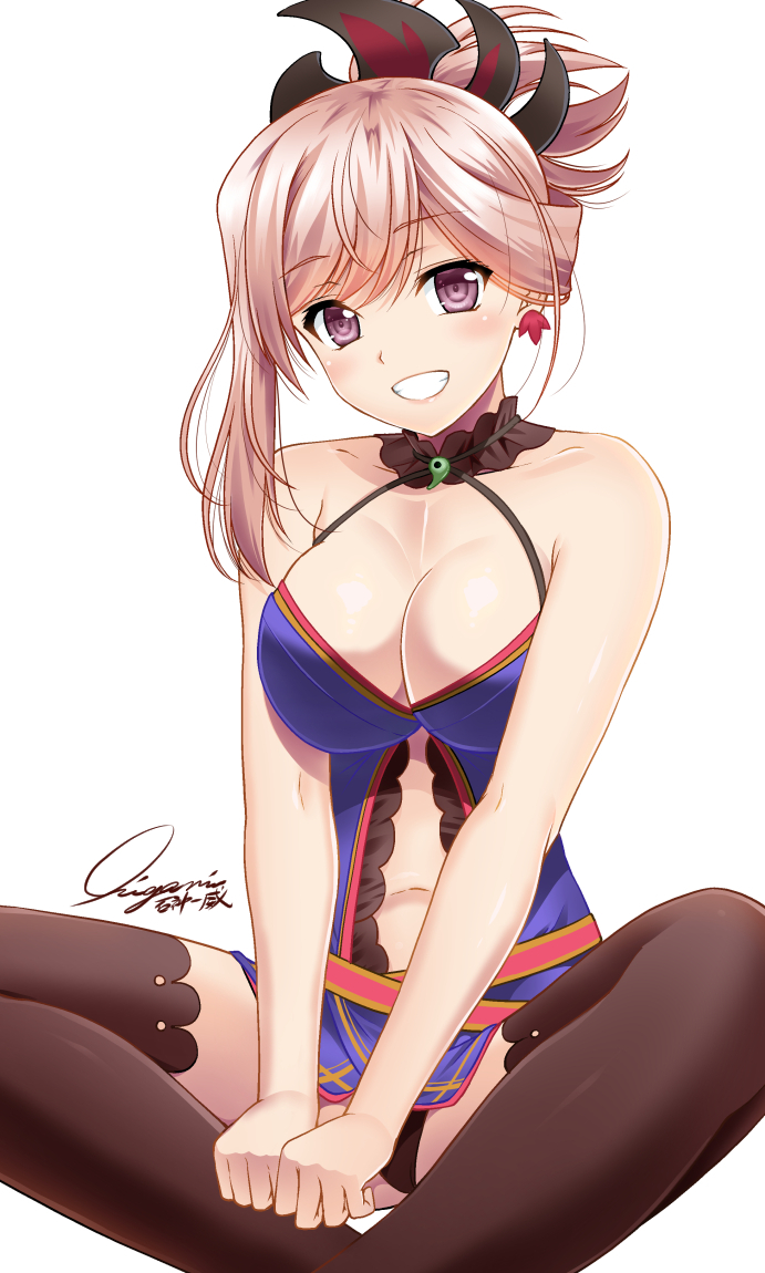 1girl :d artist_name bangs bare_arms bare_shoulders black_panties blue_dress blush breasts brown_legwear center_opening cleavage collarbone dress earrings fate/grand_order fate_(series) feet_out_of_frame grin hair_ornament halterneck head_tilt indian_style ishigami_kazui jewelry large_breasts long_hair looking_at_viewer miyamoto_musashi_(fate/grand_order) navel open_mouth panties signature silver_hair simple_background sitting smile solo stomach teeth thigh-highs tied_hair underwear v_arms violet_eyes white_background