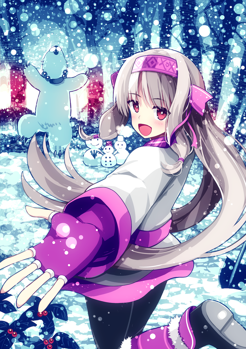 1girl :d ainu_clothes animal bangs bear black_footwear black_legwear blonde_hair blush bow commentary_request eyebrows_visible_through_hair fate/grand_order fate_(series) fingerless_gloves food foot_out_of_frame fruit gloves hair_bow hairband highres illyasviel_von_einzbern long_hair long_sleeves looking_at_viewer open_mouth pantyhose pink_gloves red_eyes sharp_claws shovel sidelocks sitonai smile snow snowman solo_focus standing standing_on_one_leg tranquillianusmajor tree