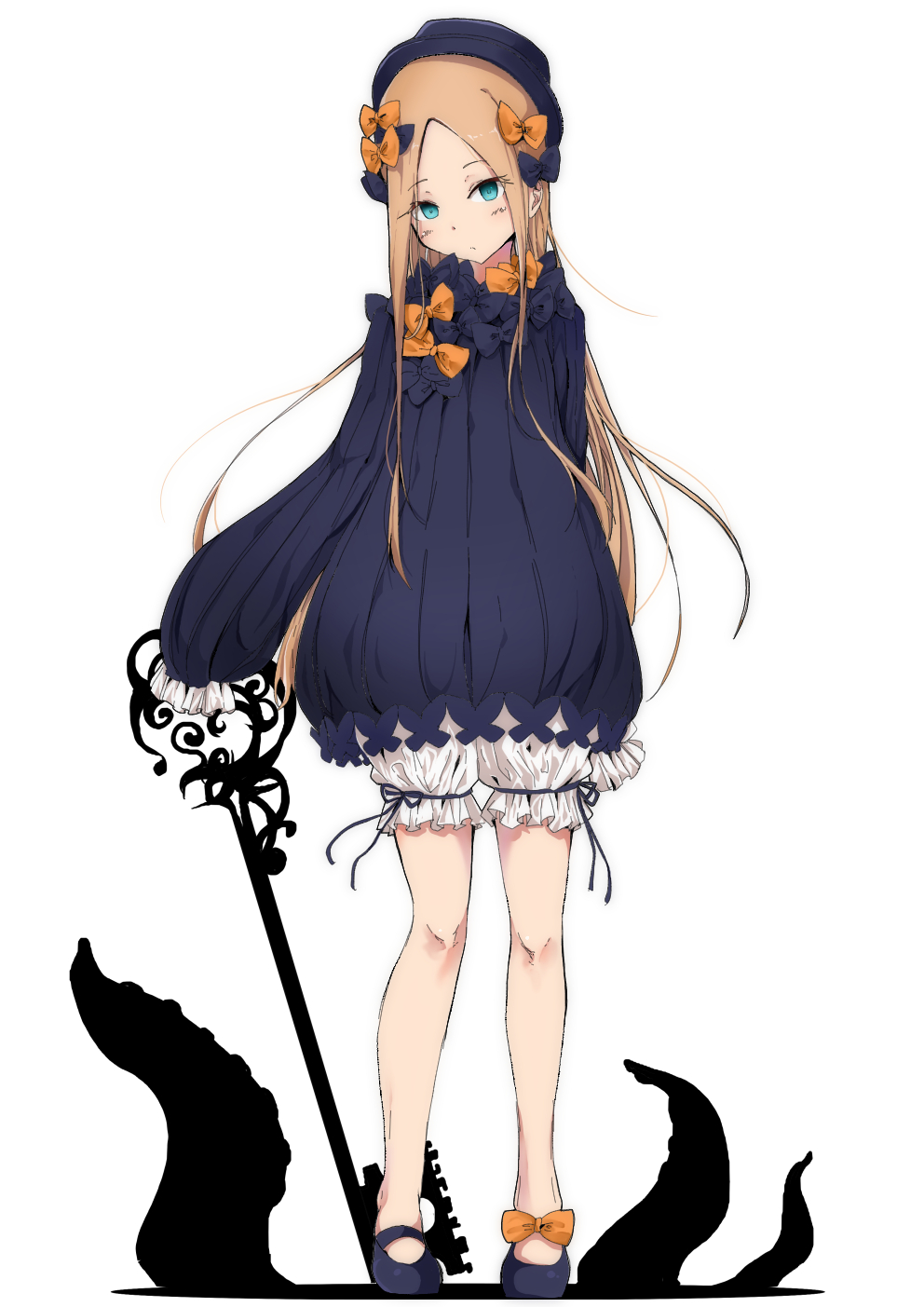 1girl abigail_williams_(fate/grand_order) arms_at_sides bangs black_bow black_footwear black_hat blonde_hair bloomers blue_dress blue_eyes blush bow dress fate/grand_order fate_(series) fedora forehead frilled_sleeves frills full_body hair_bow hat head_tilt highres key light_frown long_hair long_sleeves looking_at_viewer mary_janes nagatani_(nagata2) no_shoes orange_bow parted_bangs puffy_long_sleeves puffy_sleeves shoe_bow shoes sidelocks simple_background sleeves_past_fingers sleeves_past_wrists solo standing straight_hair tentacle underwear very_long_hair white_background